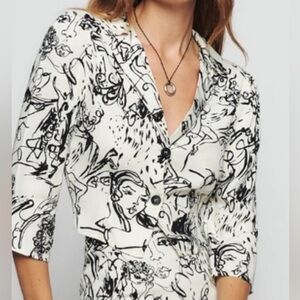 NWT Reformation Sera Button Up Crop Top Women's Sz 12 in Vogue Graffiti Print